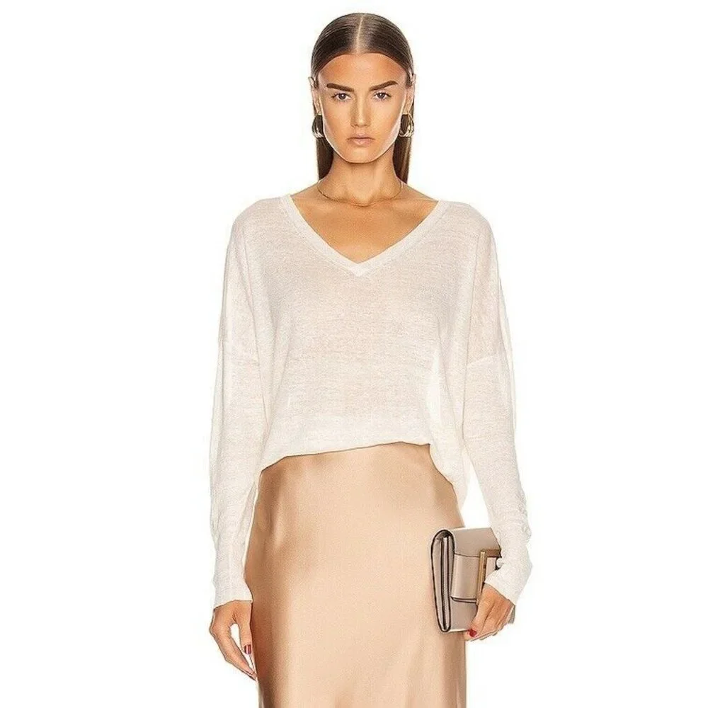 NILI LOTAN Ginny Linen Sweater Ivory White V Neck Minimal Oversized Semi Sheer S
